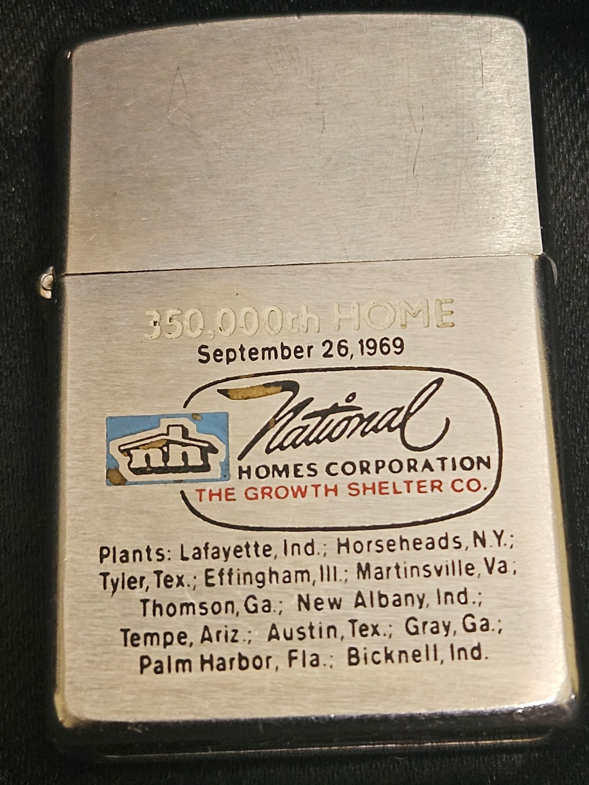 Vintage National Homes Corp. 350,000th Home Built Zippo – 1969 – DUAL SIDED