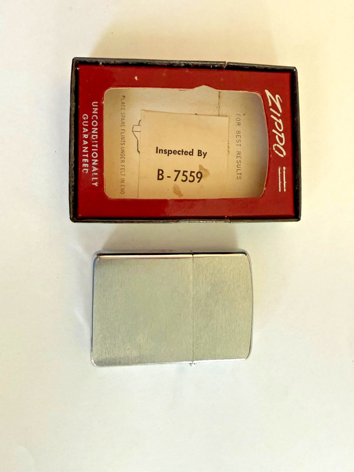 Vintage Zippo Brushed Chrome Lighter w/ Red Stripe Box 1950-1957 MINT NEVER USED