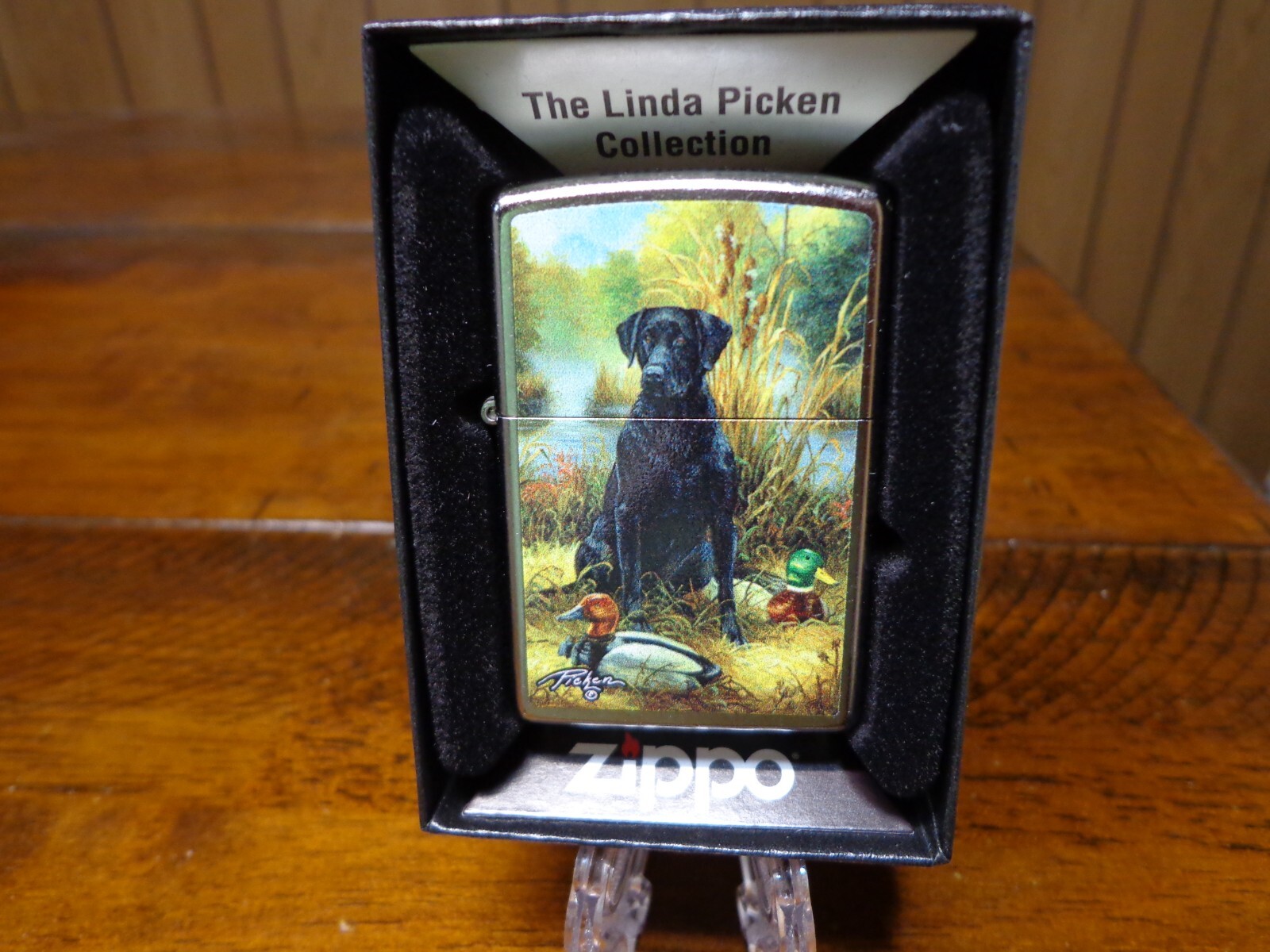 LINDA PICKEN BLACK LAB LABRADOR RETRIEVER DOG DECOYS ZIPPO LIGHTER MINT IN BOX