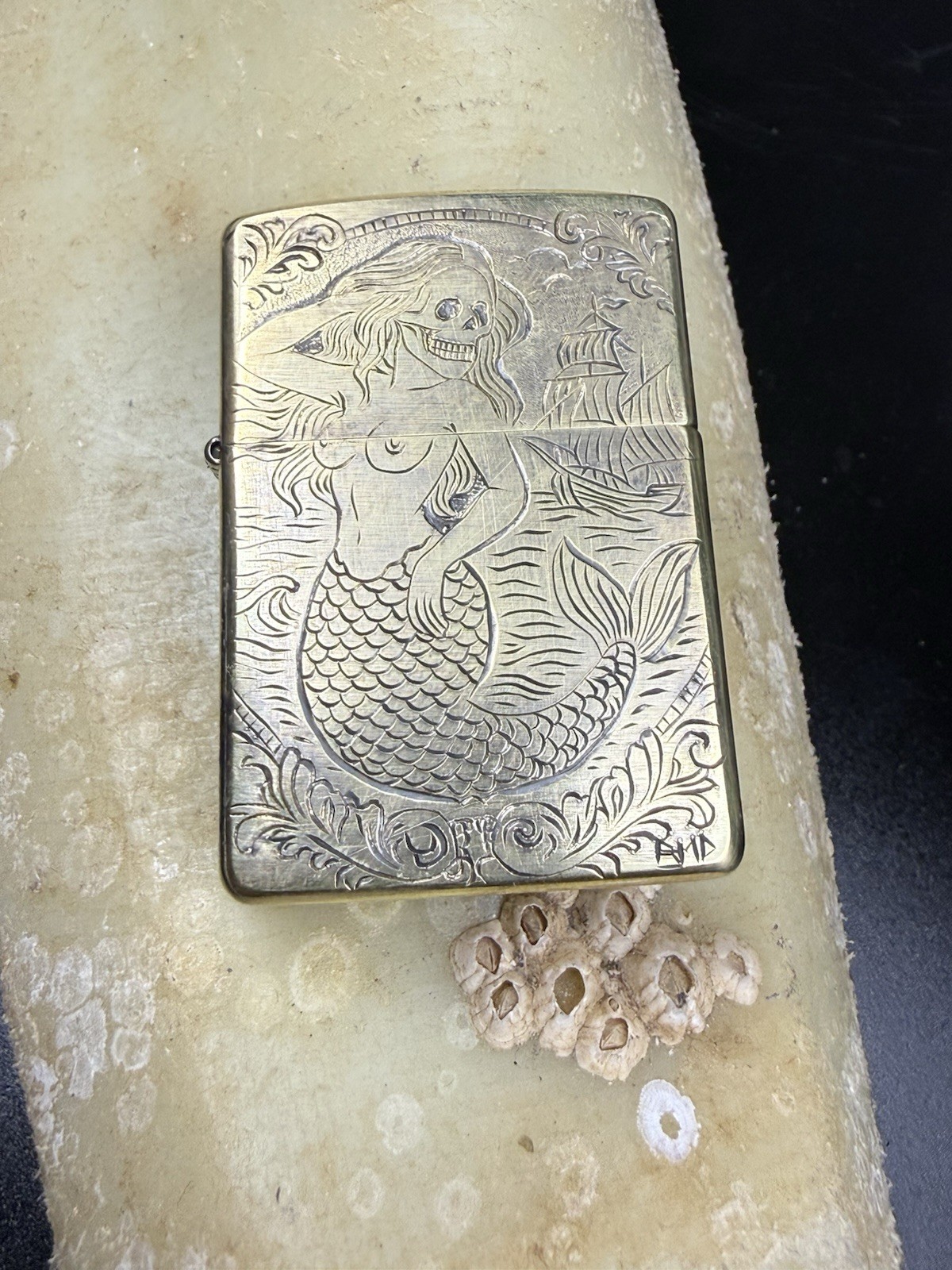Hand Engraved Skeleton Mermaid Zippo – Solid Brass – One of a Kind