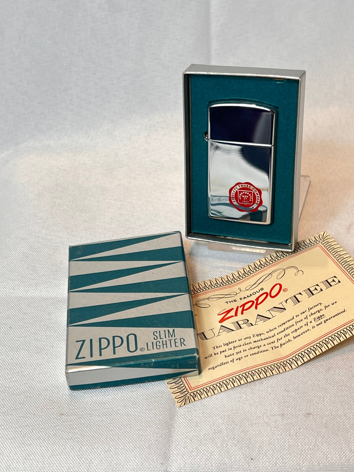 1958 Zippo Slim Lighter Fidelity Trust Company Polished Chrome In Original Box