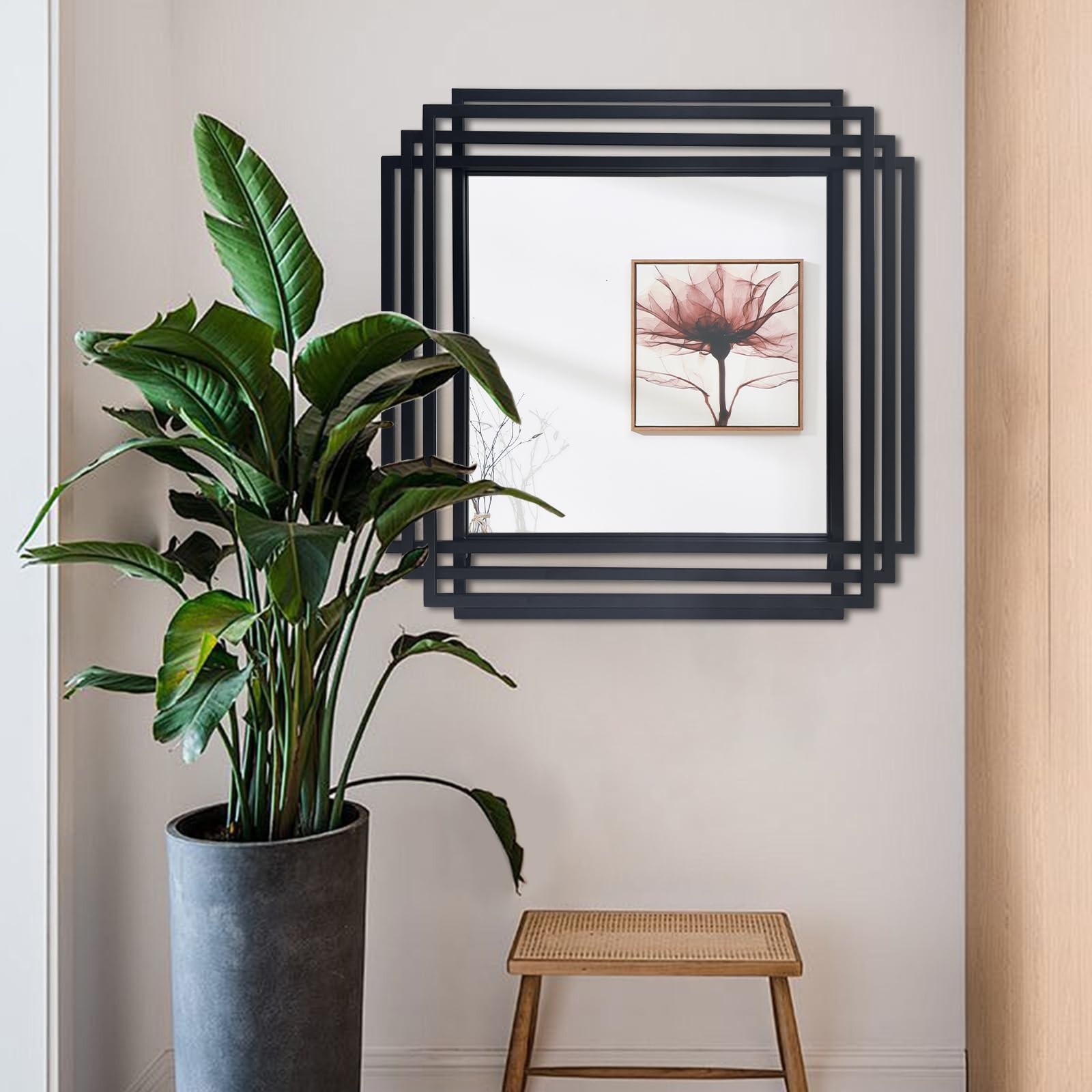 24″x24″ Square Decorative Wall Mirror with Black Metal Frame | Geometric Desi…
