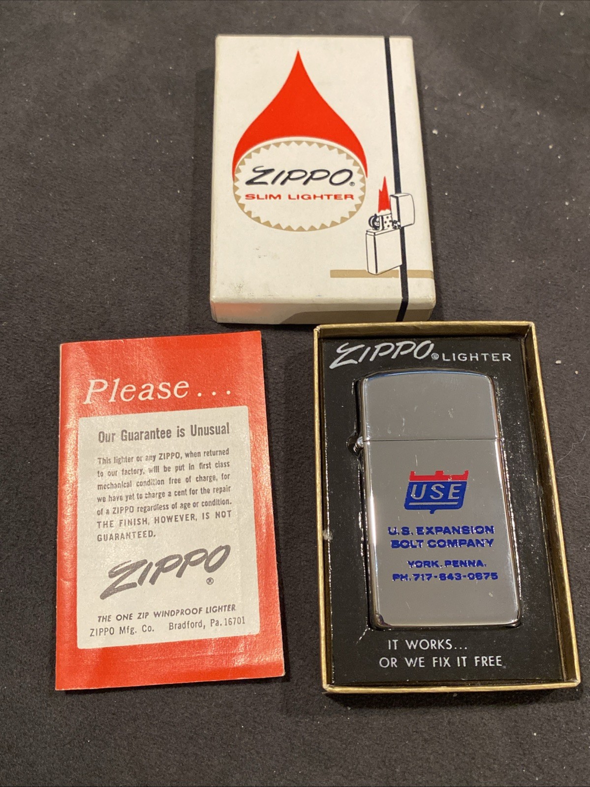 1976 Zippo Slim Lighter U.S. Expansion Bolt Company York, PA Unfired New in Box