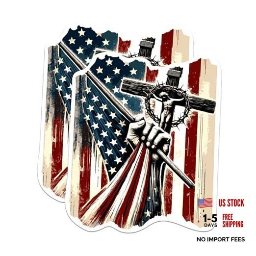 (2 Pack) USA Flag with Crucifix Cross Patriotic Magnets – 5 Inches On Longest