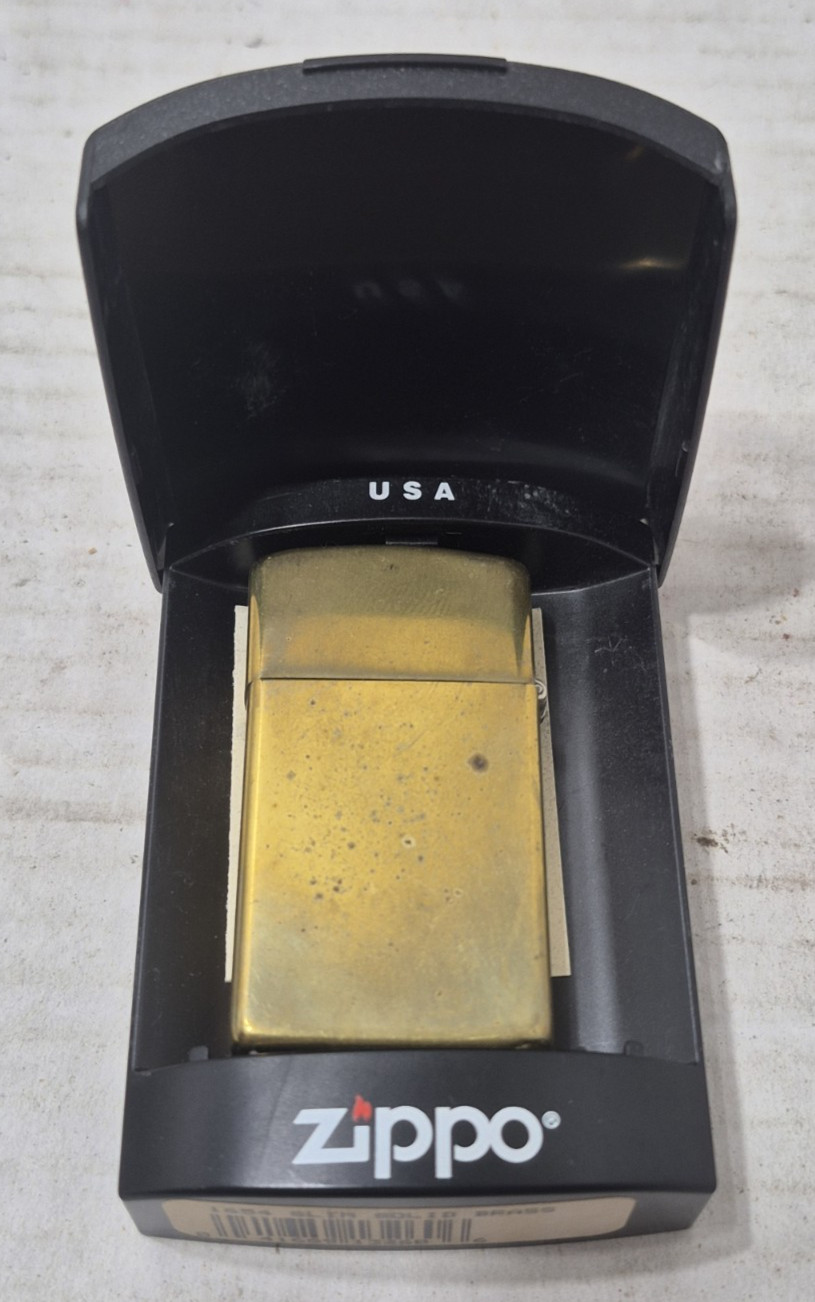 Vintage Zippo Slim Solid Brass Lighter 1932 -1991 w/Plastic Case Used USA SEE