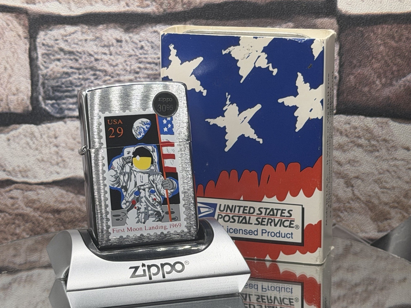 1997 Zippo Space Apollo 11 First Moon Landing 1969 Postage Stamp W/ Original Box