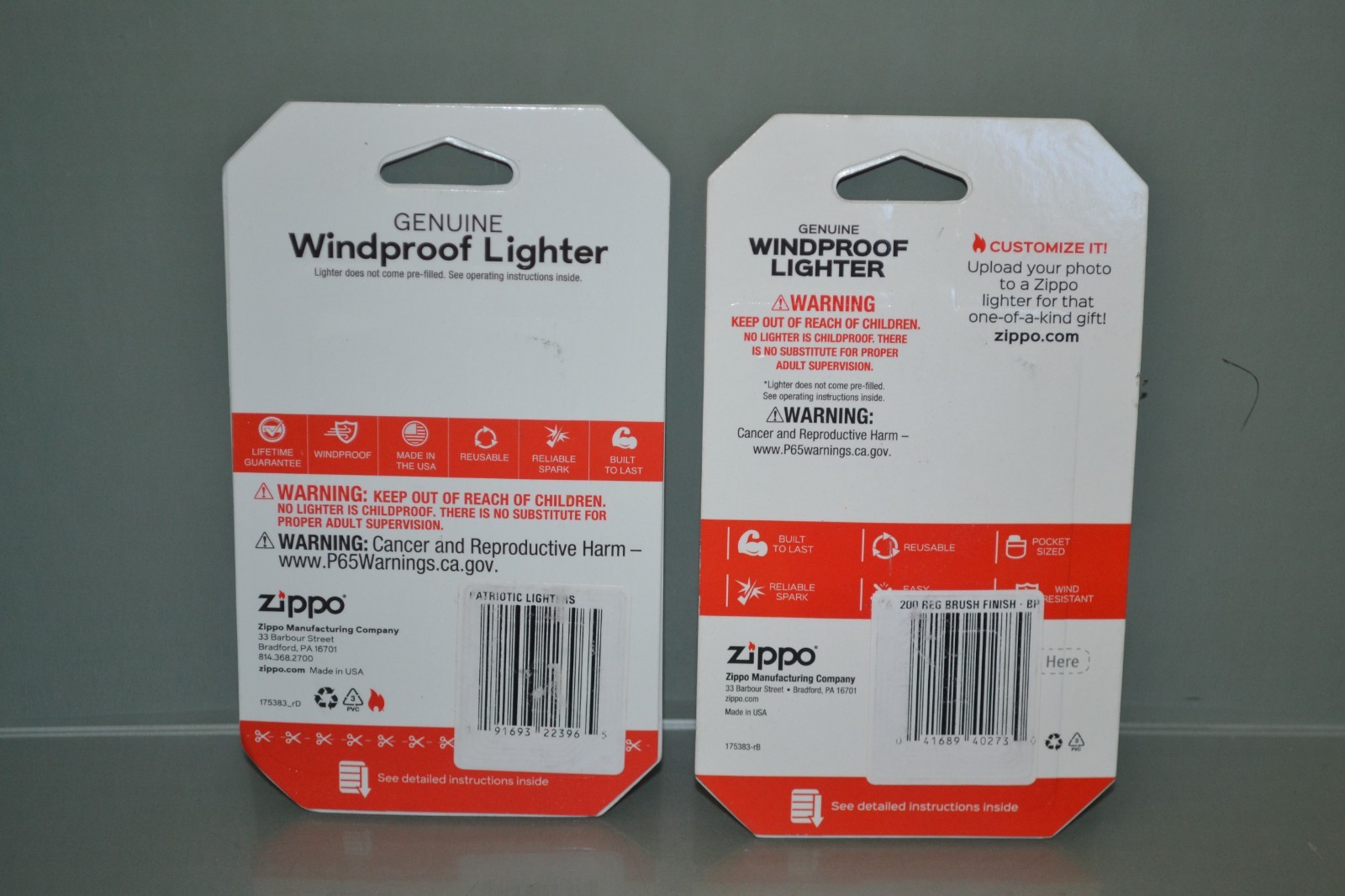 (2) Zippo Windproof Lighter, 1 Patriotic, 1 Brush Finish