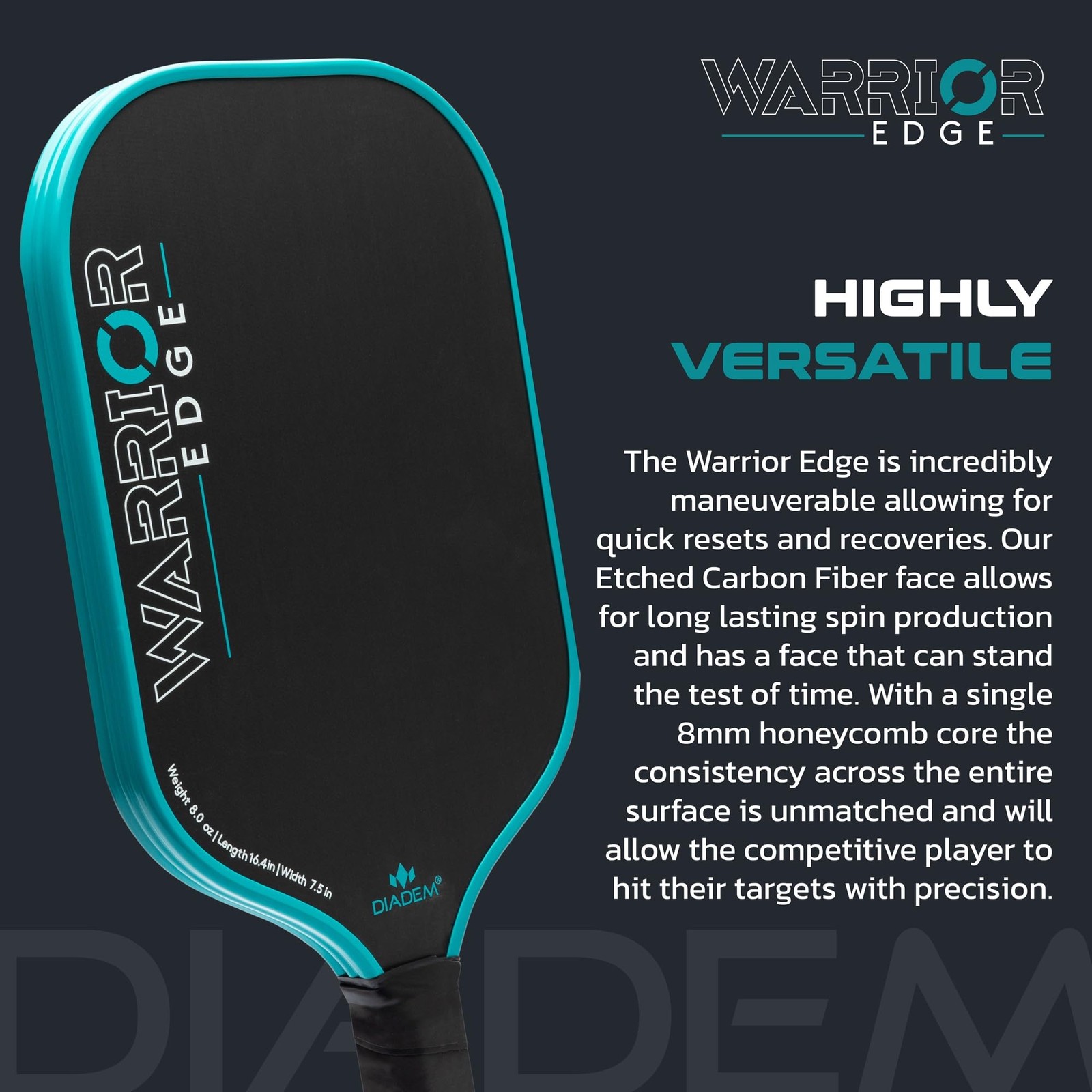 Diadem Sports Diadem Warrior Edge Pickleball Carbon Face For Max Spin 16Mm Aero