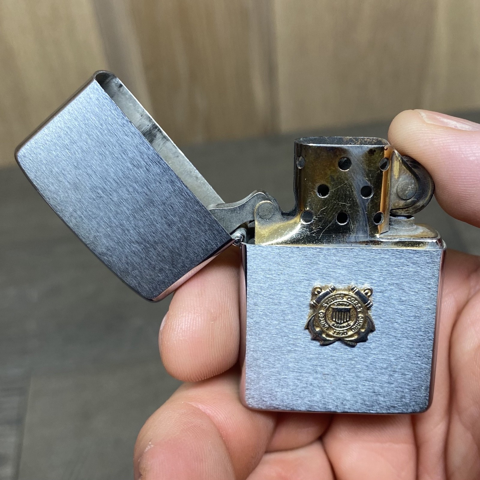 Vintage Zippo Lighter Brushed Chrome US Coast Guard Emblem Military Collectible