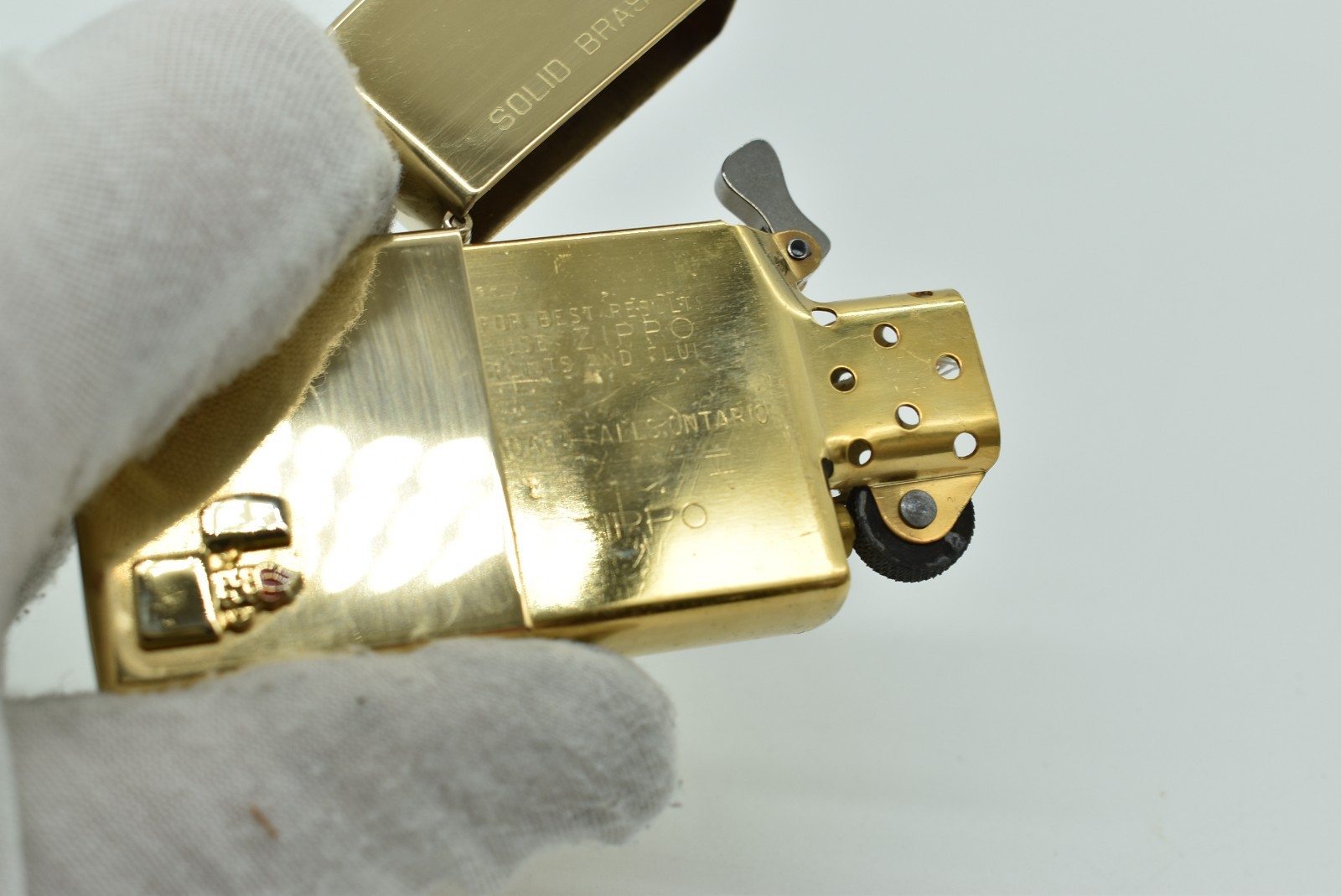 Zippo – SOLID BRASS LIGHTER LOGO, 1990, NEW, Never Fired, Niagara Falls Insert