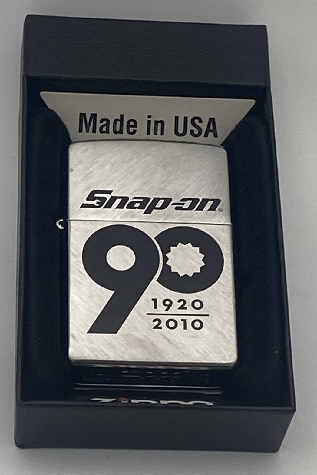 RARE Snap-On 90th Anniversary Zippo Lighter In Box- 2010-Brushed Chrome-Unfired