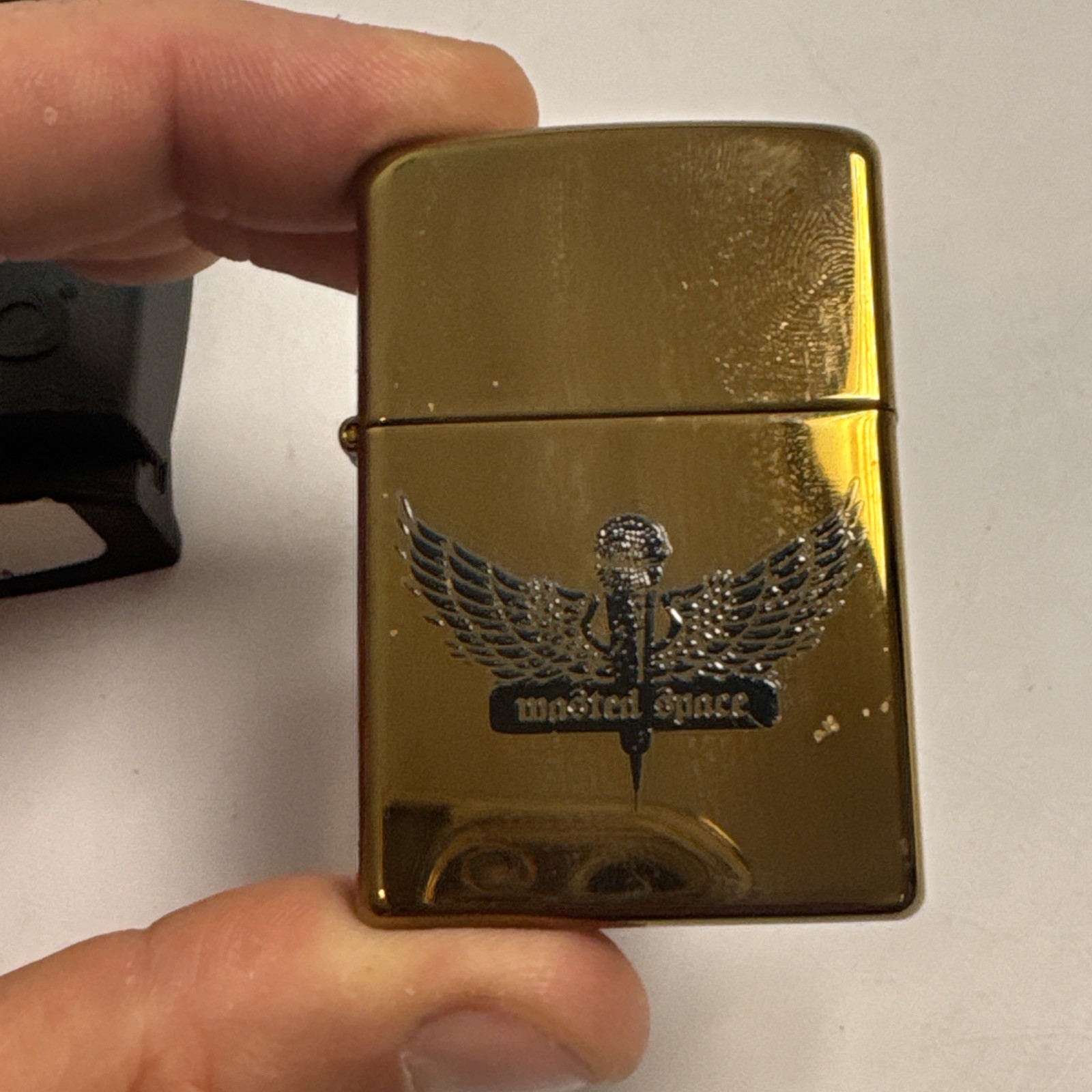 Rare HTF Brass Zippo Lighter Wasted Space #20447 Music Microphone Wings Clean