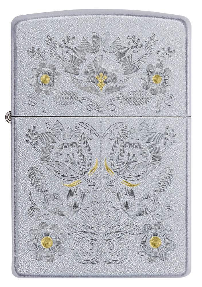 Zippo Painted Floral Design Satin Chrome Windproof Pocket Lighter, 205-086867
