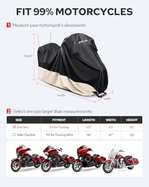 Waterproof Motorcycle Cover with Side Box L (107″ x 43″ x 50″) Touring
