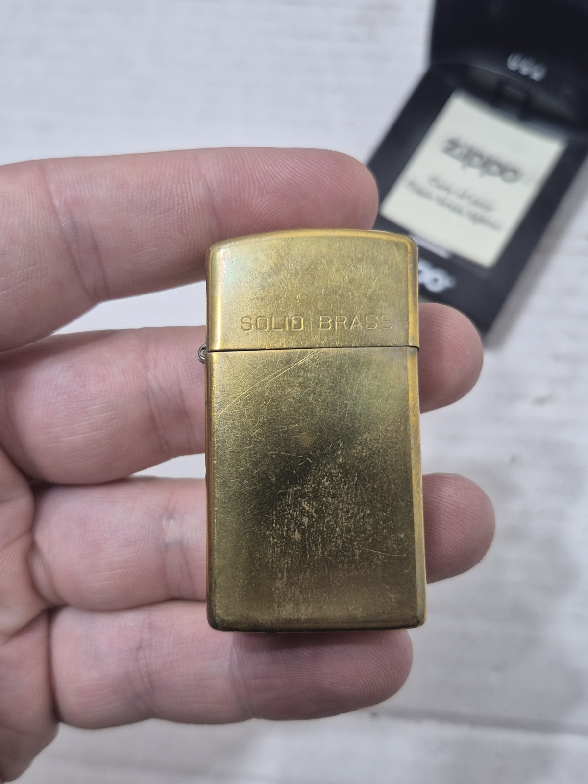Vintage Zippo Slim Solid Brass Lighter 1932 -1991 w/Plastic Case Used USA SEE