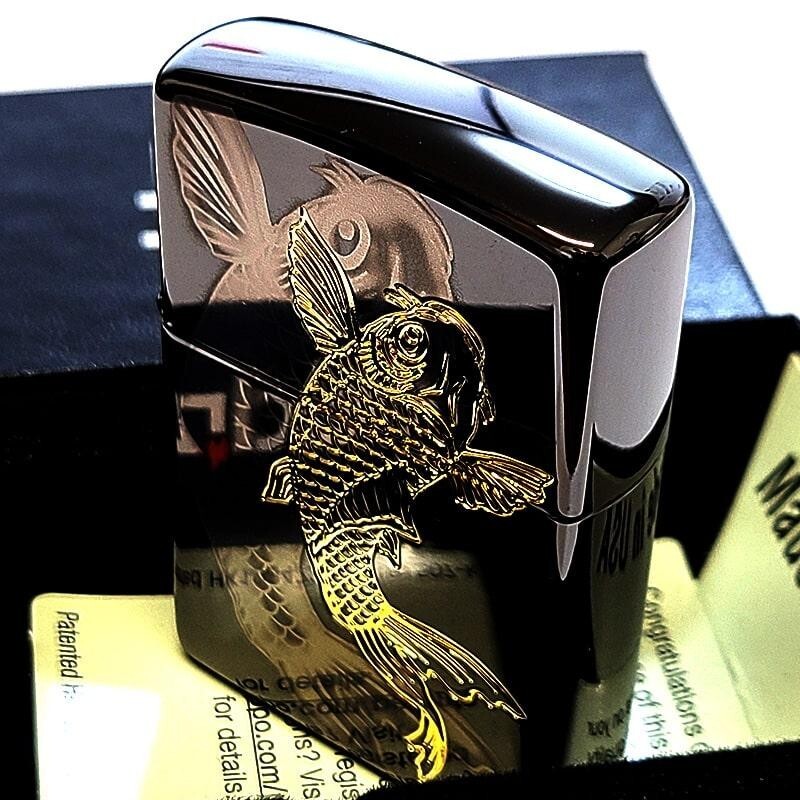 Zippo Carp Etching Laser Engraving Black Nickel & Gold Regular Lighter Japan