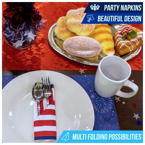 48-Count Patriotic Stripes Paper Napkins 6.5×6.5-Inch 2-Ply Red White Blue