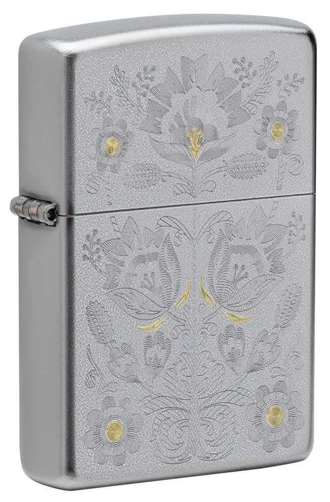 Zippo Painted Floral Design Satin Chrome Windproof Pocket Lighter, 205-086867