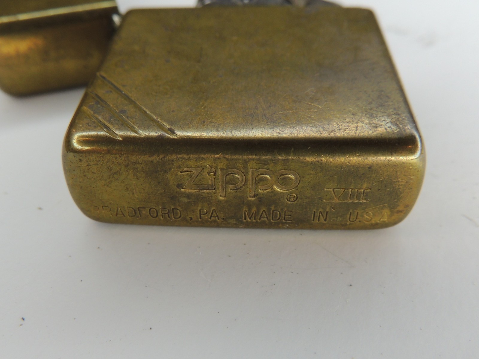 Vtg Diagonal Lines Zippo Flip Top Lighter Solid Brass Made In USA Repro As Is