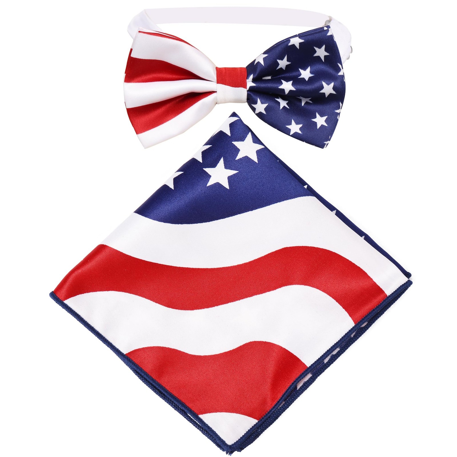PROCOS Mens American Flag Necktie Bowtie Pokect Square Stars Stripes Patriotic T
