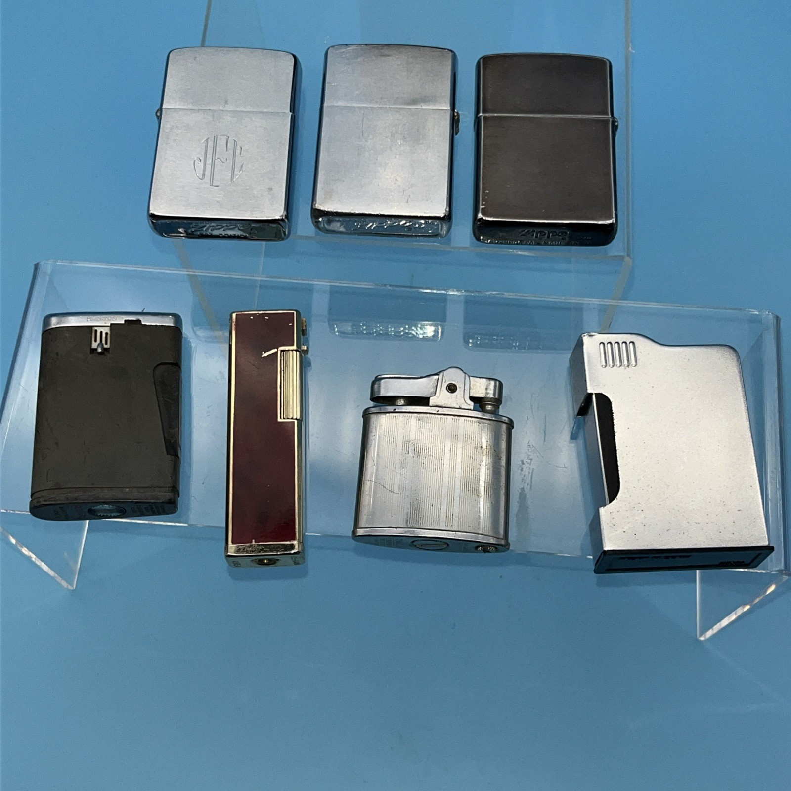 7 Vtg Lighters-3 Zippo (Griffin Wheel, 60th Ann. FSA Ad) Ronson, Taban, Jehvani