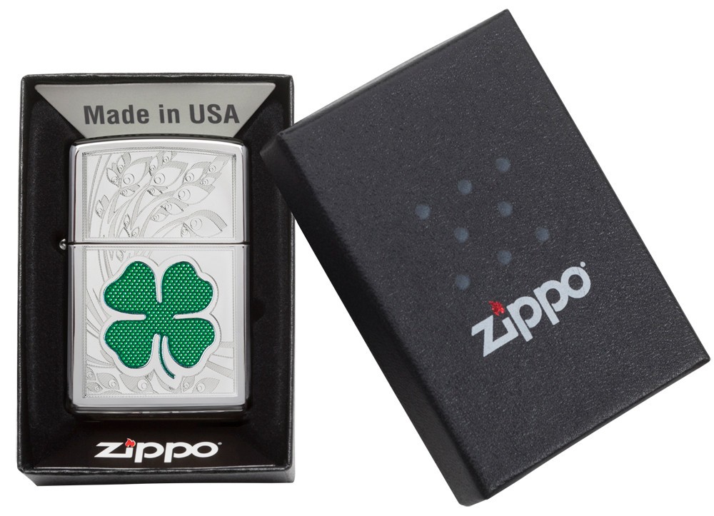 Zippo Clover High Polish Chrome Design High Polish Chrome Windproof Pocket Li…