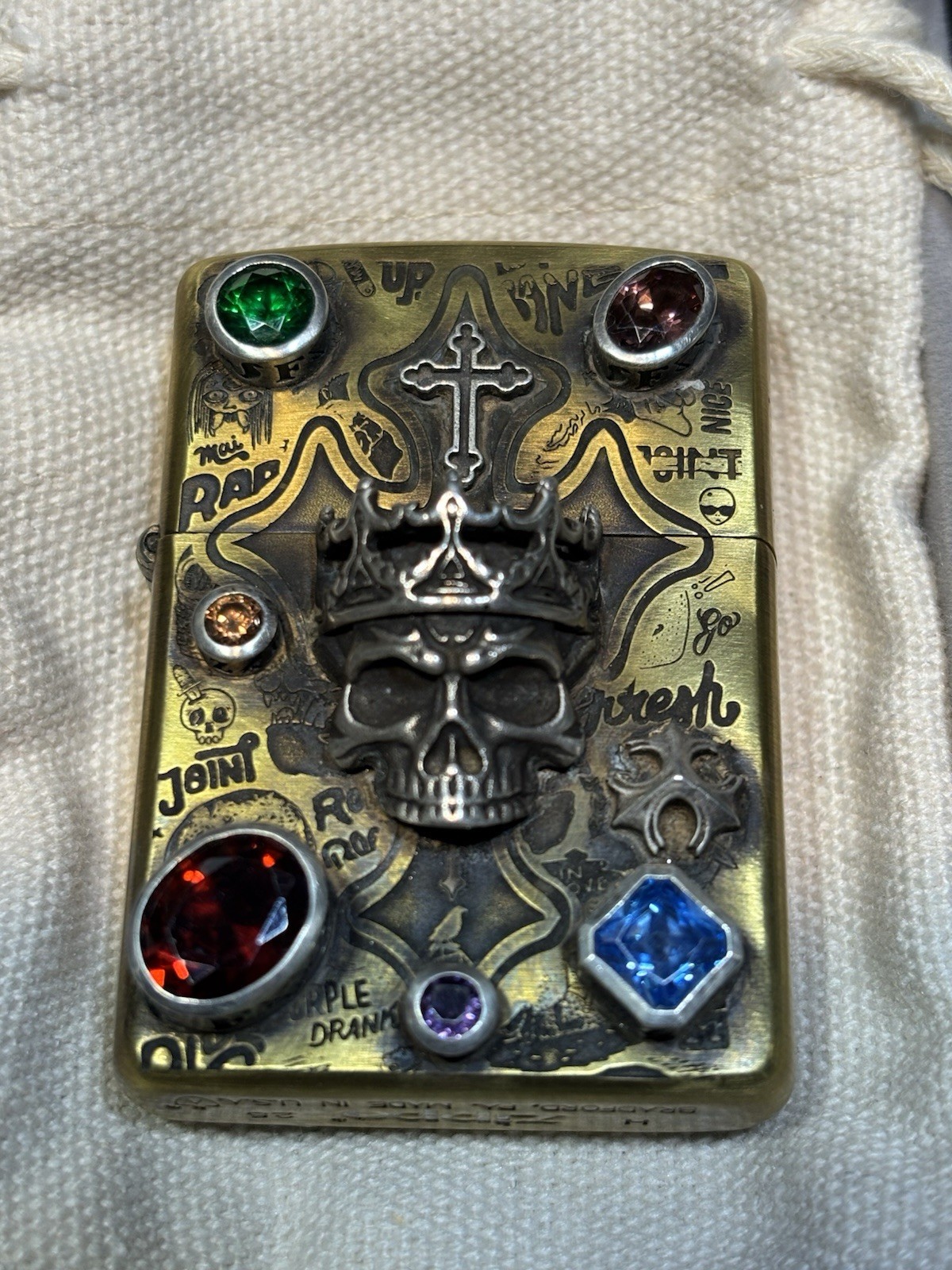 RARE Handmade. Heavy Sterling stamp Crown Skull Zippo Lighter 2-side velvet Box