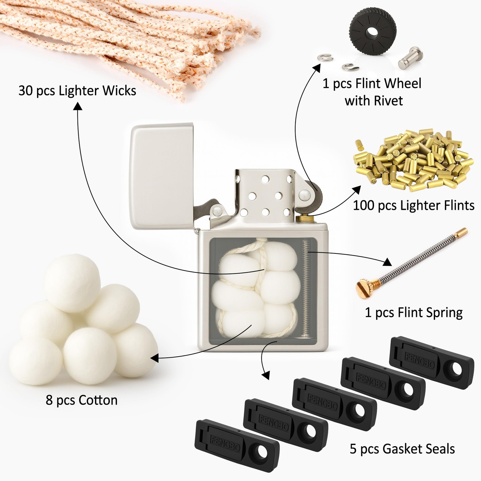Universal Lighter Repair Kit for Kerosene Lighters (Flint, Spring 2, Gold