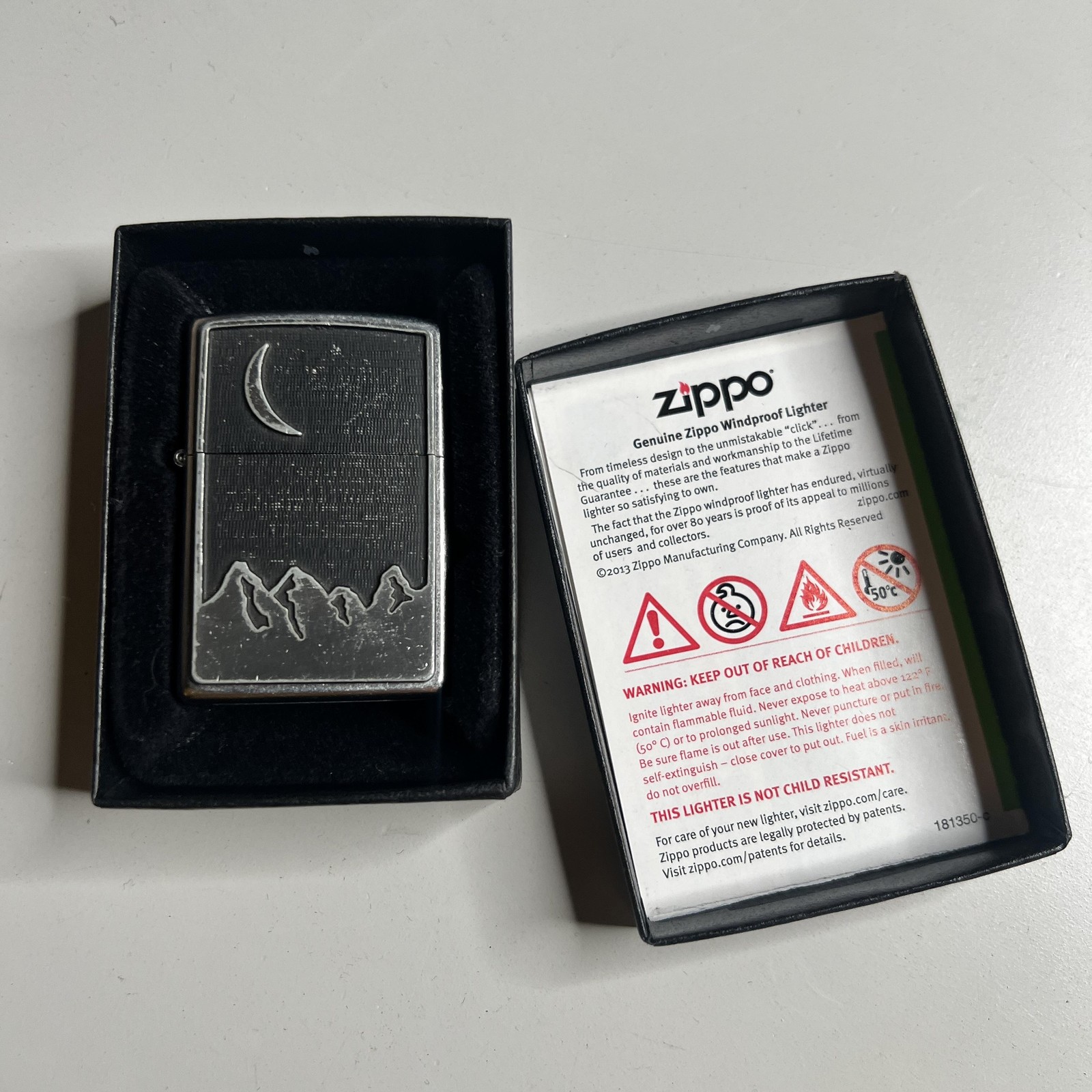Vintage Zippo 233 Louisville Crescent Moon Mountains Silver Lighter Box USA