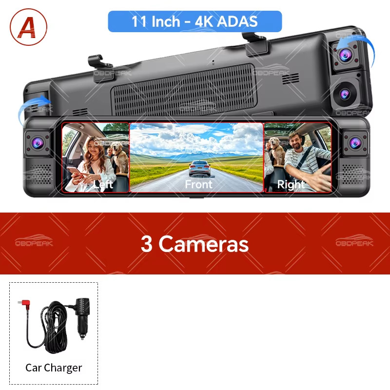 4CH 11 Inch 4K+1K+1K+1K Rearview Mirror 360° Dash Cam ADAS BSD WiFi Night Vision