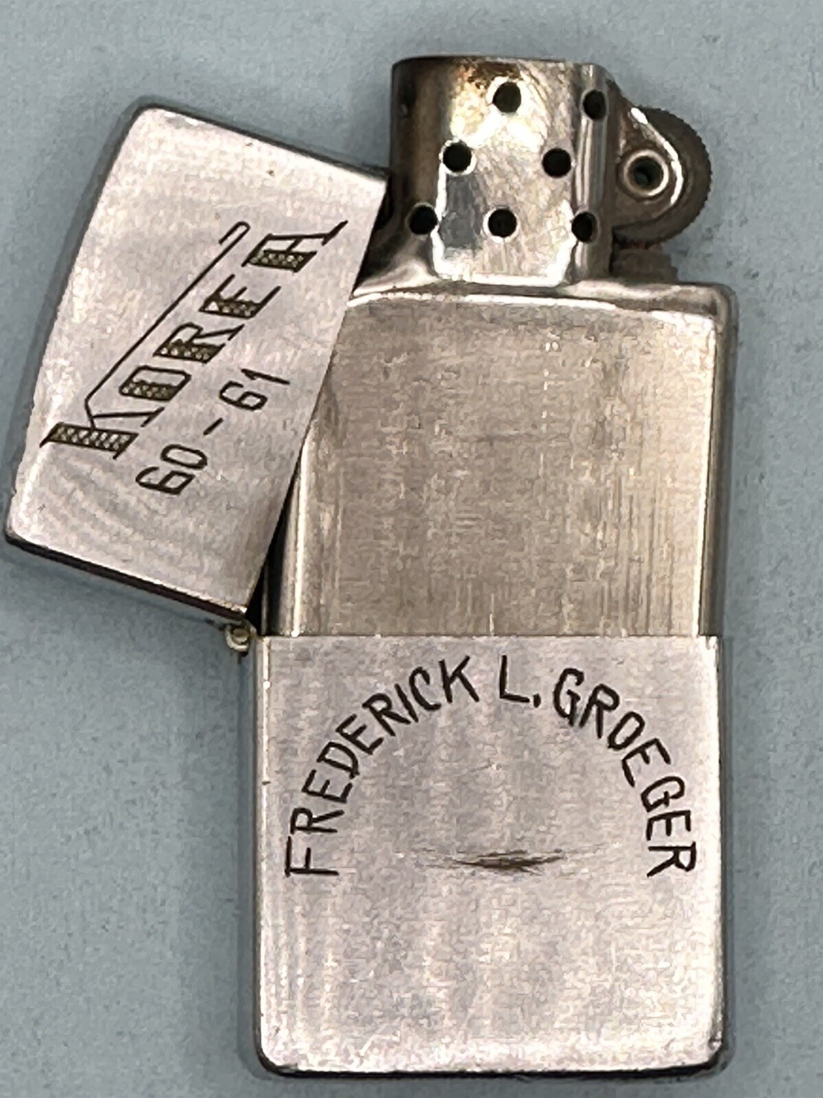Vintage 1960 Korea War Frederick Groeger Chrome Zippo Lighter