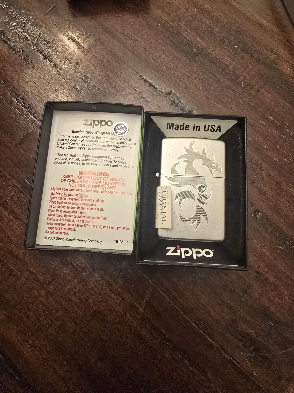 Laser Engraved Chinese Dragon Zippo Lighter – Swarovski Crystal – Rare – # 24478