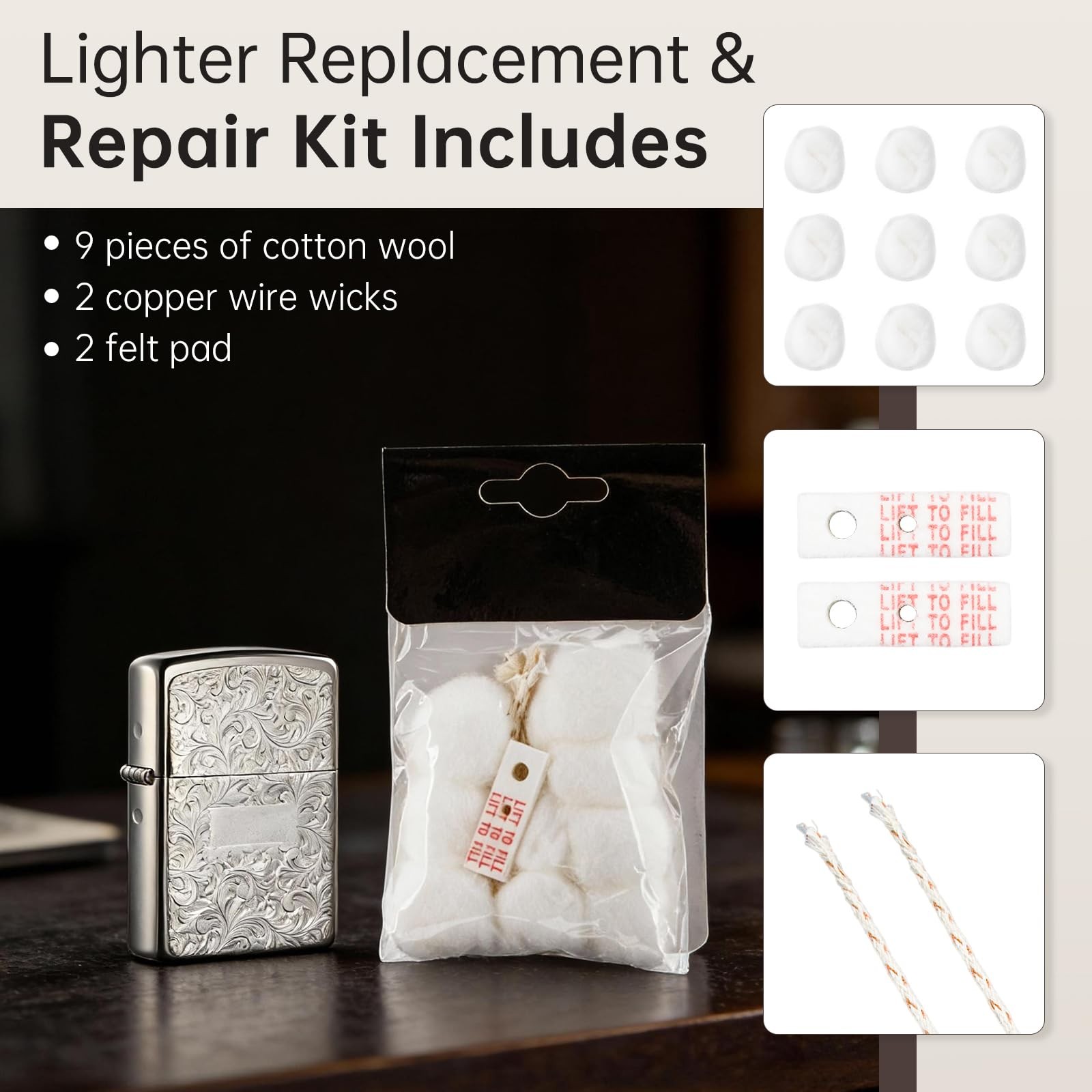Cotton Compatible with Zippo Lighter,2 Pack,Replacement Parts Standard, White