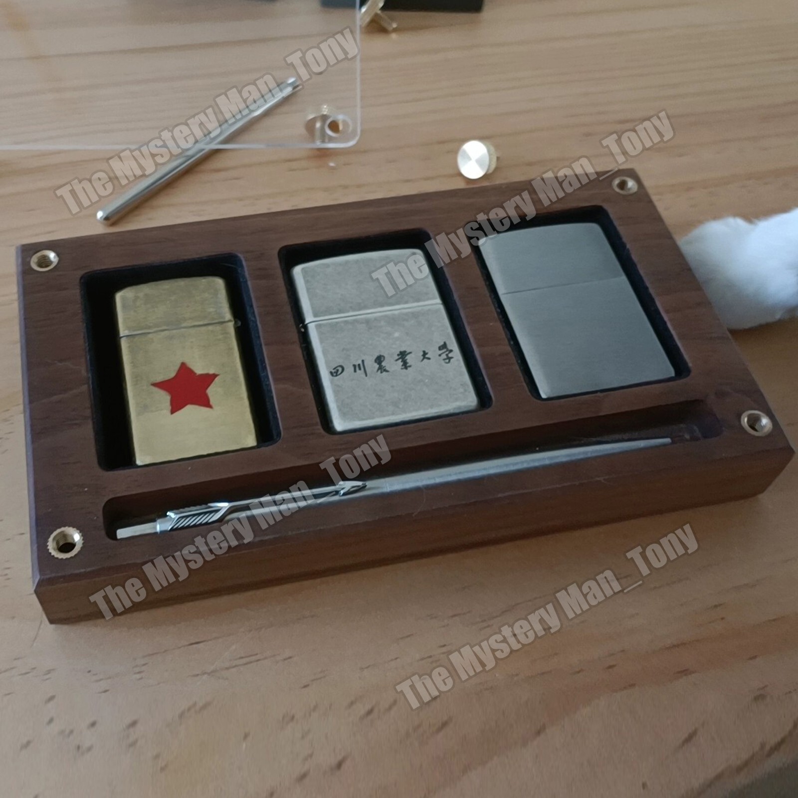 3 Slot Black Walnut Collection Display Case – for Zippo Lighters and Pen
