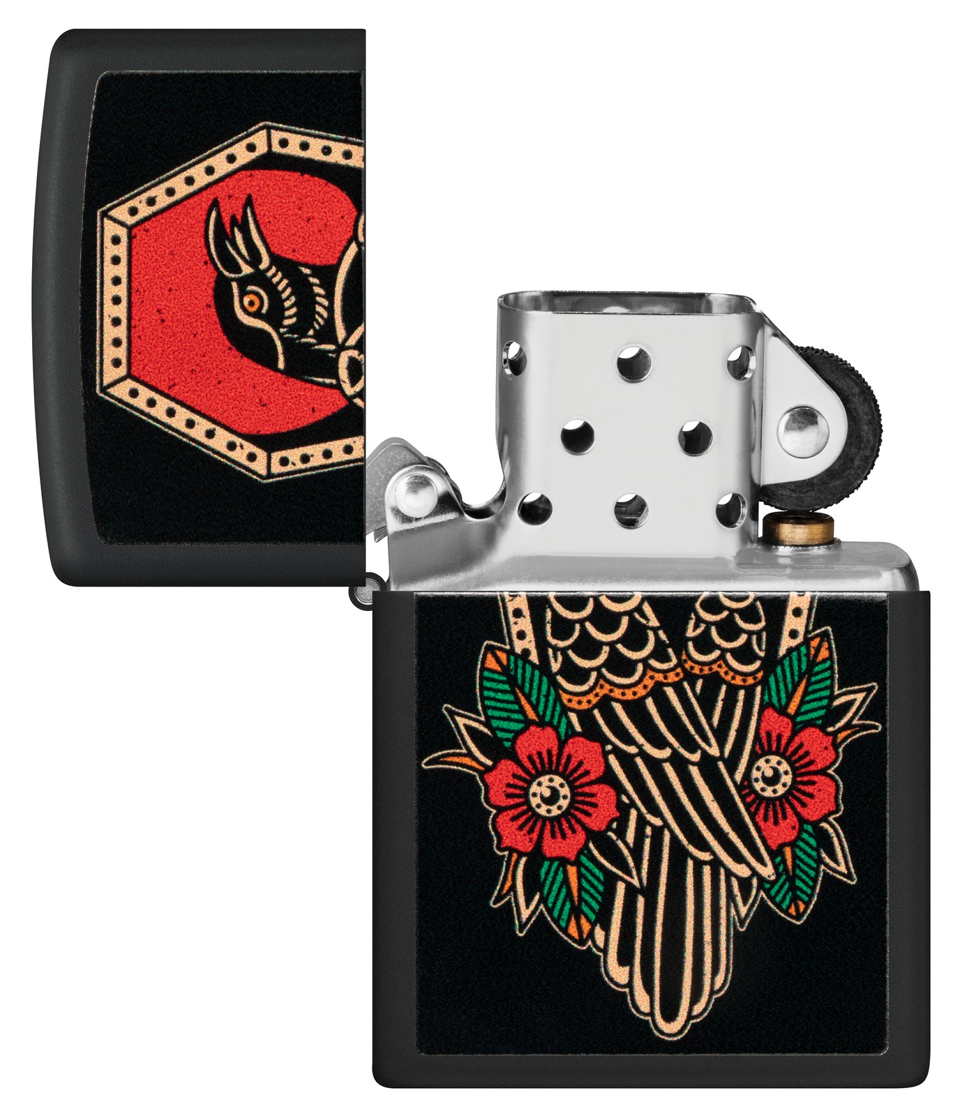 Zippo Crow Tattoo Design Black Matte Windproof Pocket Lighter, 48611
