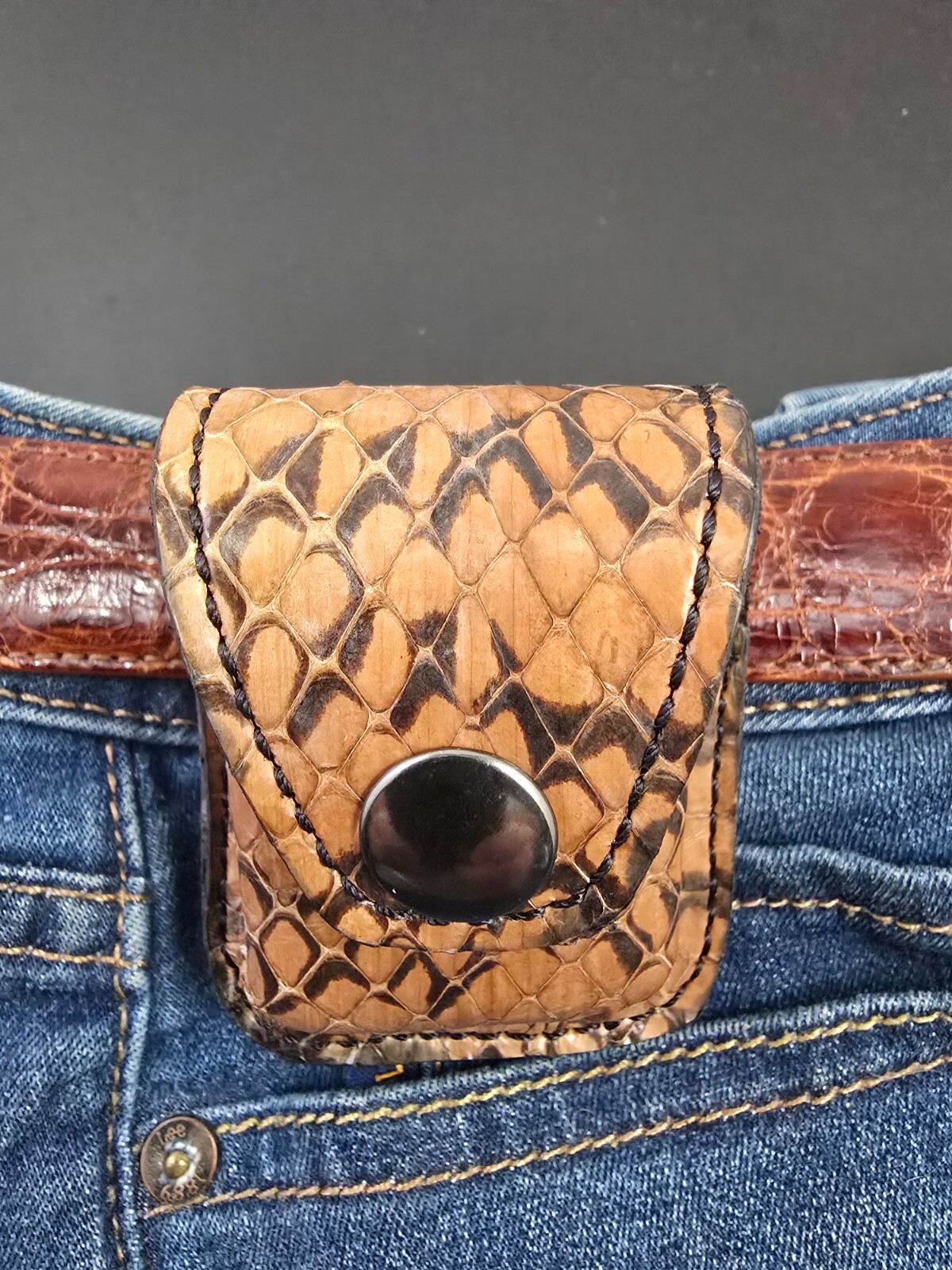 Brown and Black Cobra snake skin ZIPPO lighter case Pouch holder handmade new