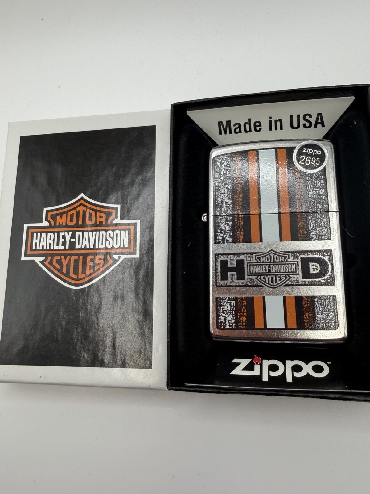 Vintage 2009 Harley Davidson Orange Stripe Chrome Zippo Lighter New B8