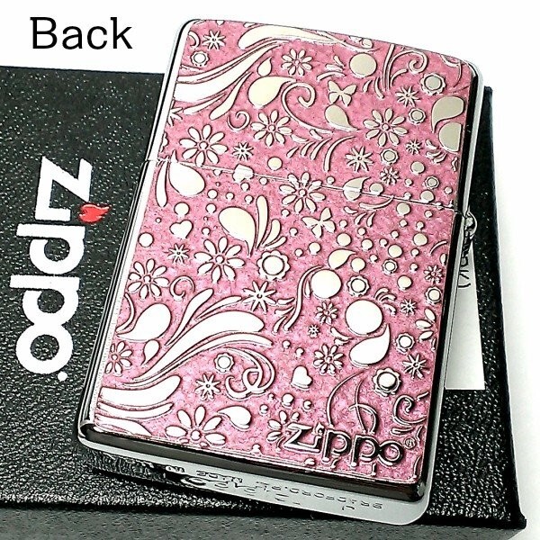Zippo Oil Lighter Cat Flower Pink Metal Plate Silver Etching Regular Case Japan