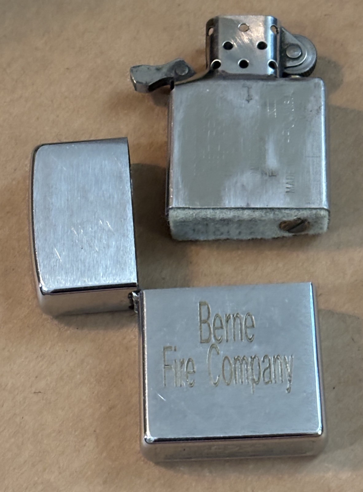 🔥 Zippo Lighter – October 2007 – “Berne Fire Company” Engraved – Used, Sparks