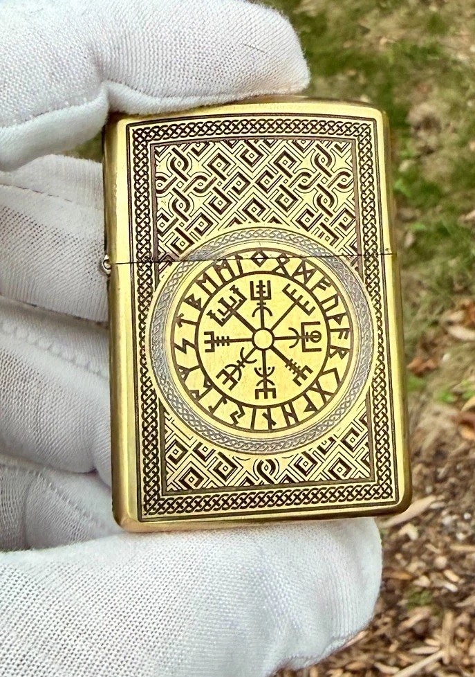 Engraved Brass Armor Zippo Helm of Awe Norse Pattern Hand Painted USA