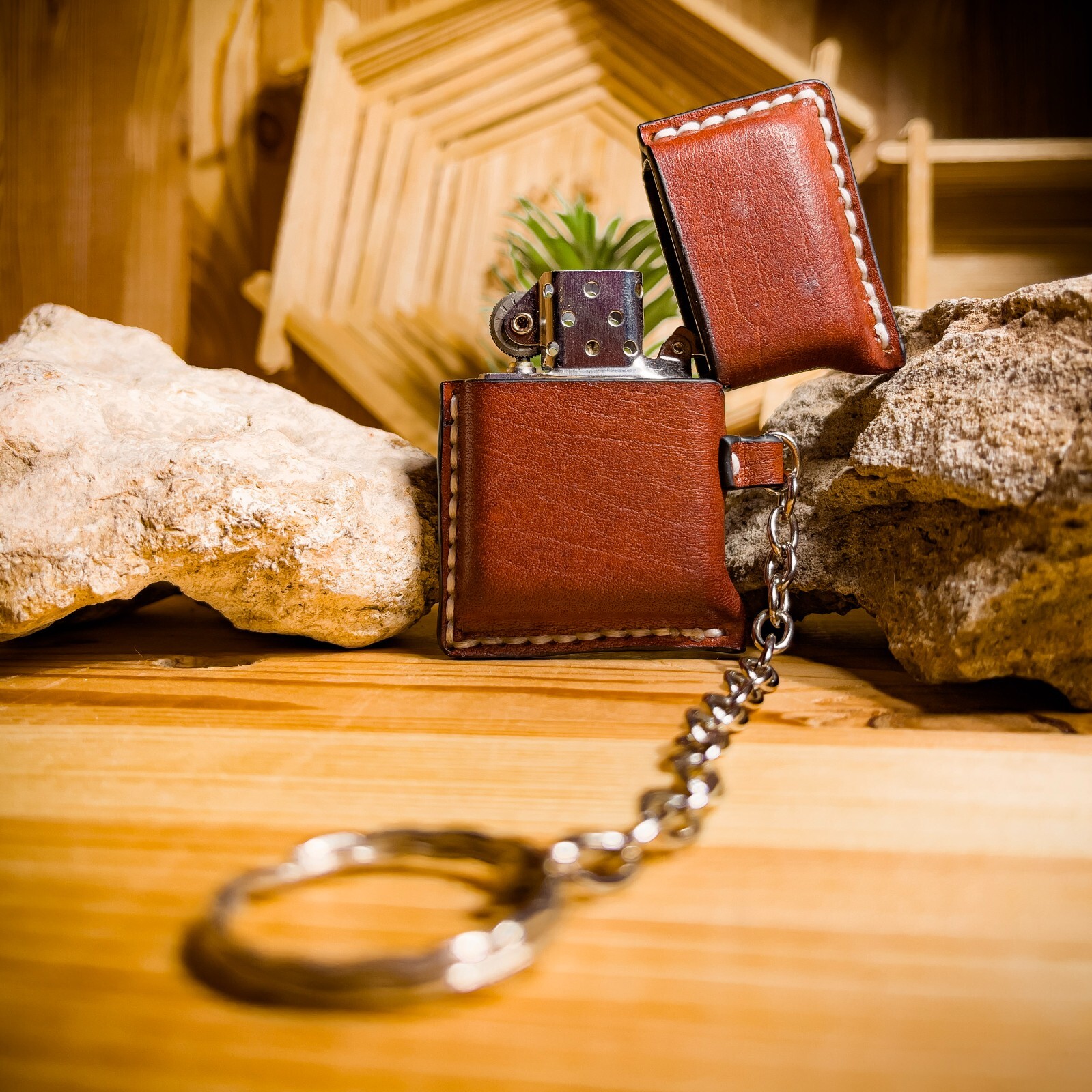 Leather Zippo lighter case with chain. Cover for petrol lighter. Handmade.