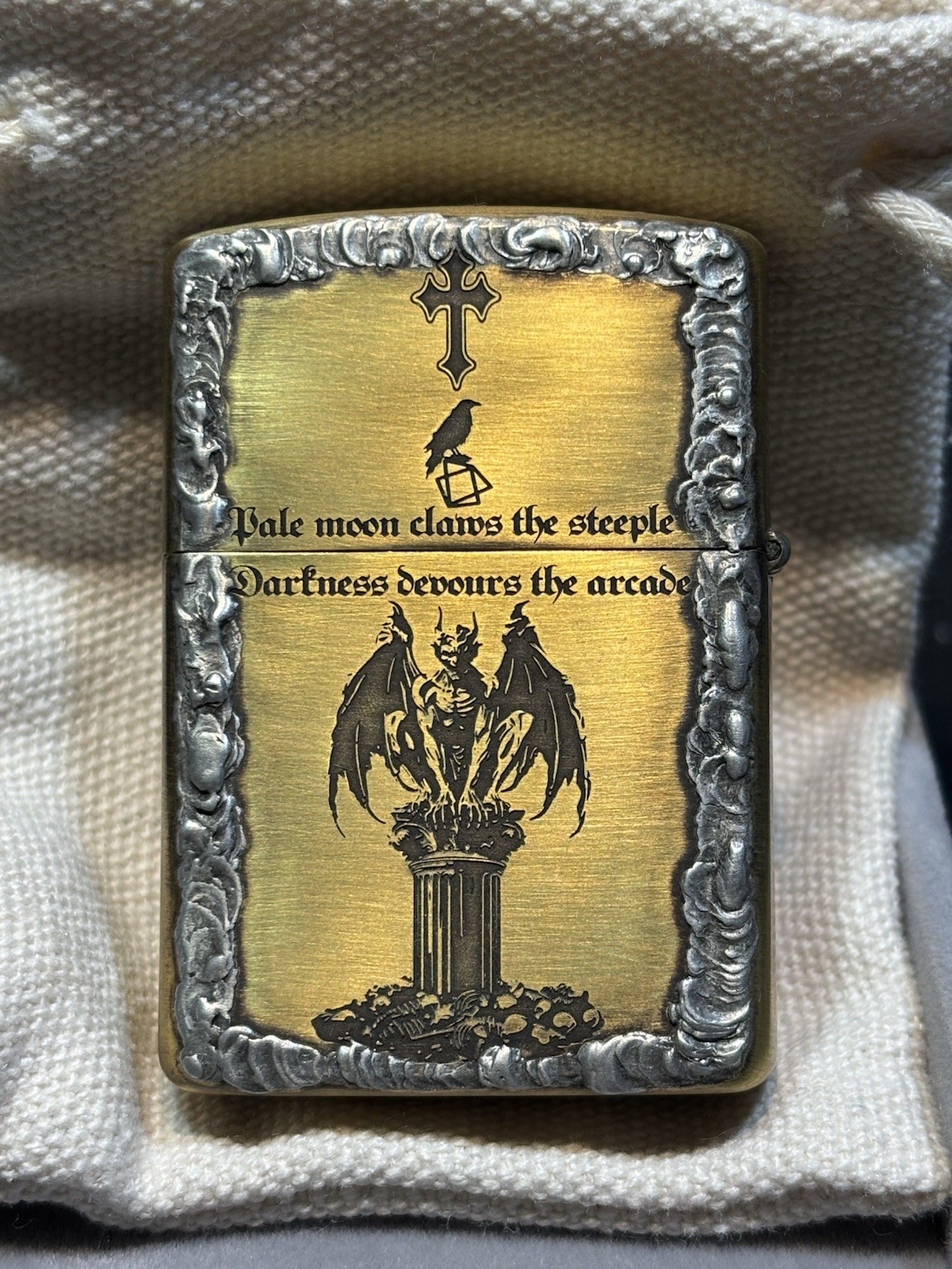 RARE Handmade. Heavy Sterling stamp Crown Skull Zippo Lighter 2-side velvet Box