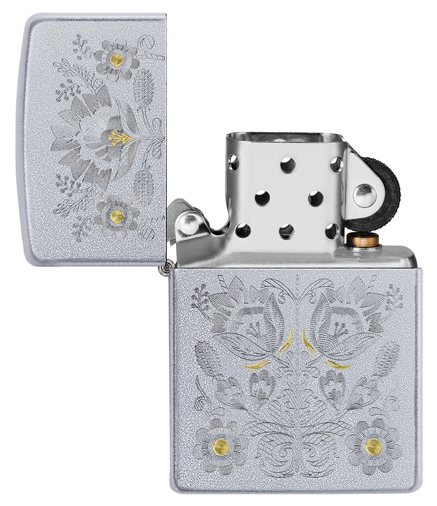 Zippo Painted Floral Design Satin Chrome Windproof Pocket Lighter, 205-086867