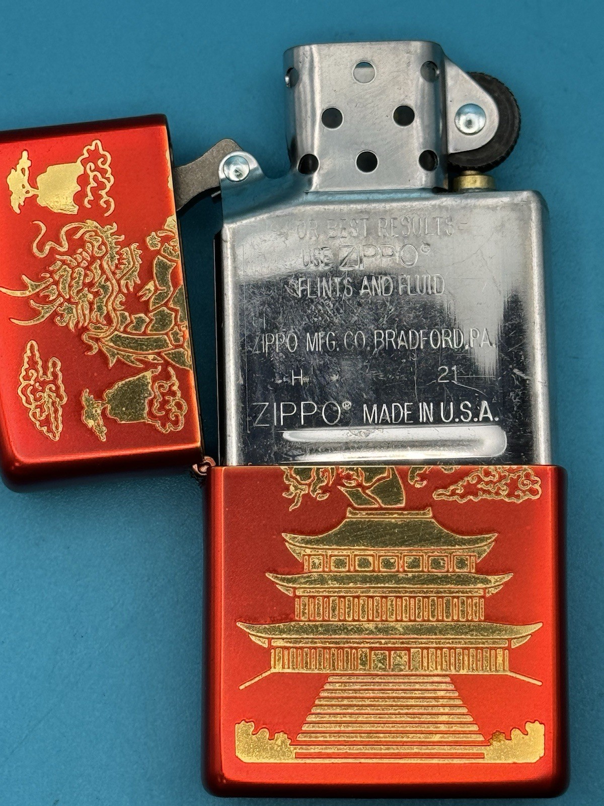 2021 Chinese Dragon & Temple Eastern Design Red Metallic Zippo Lighter ***READ
