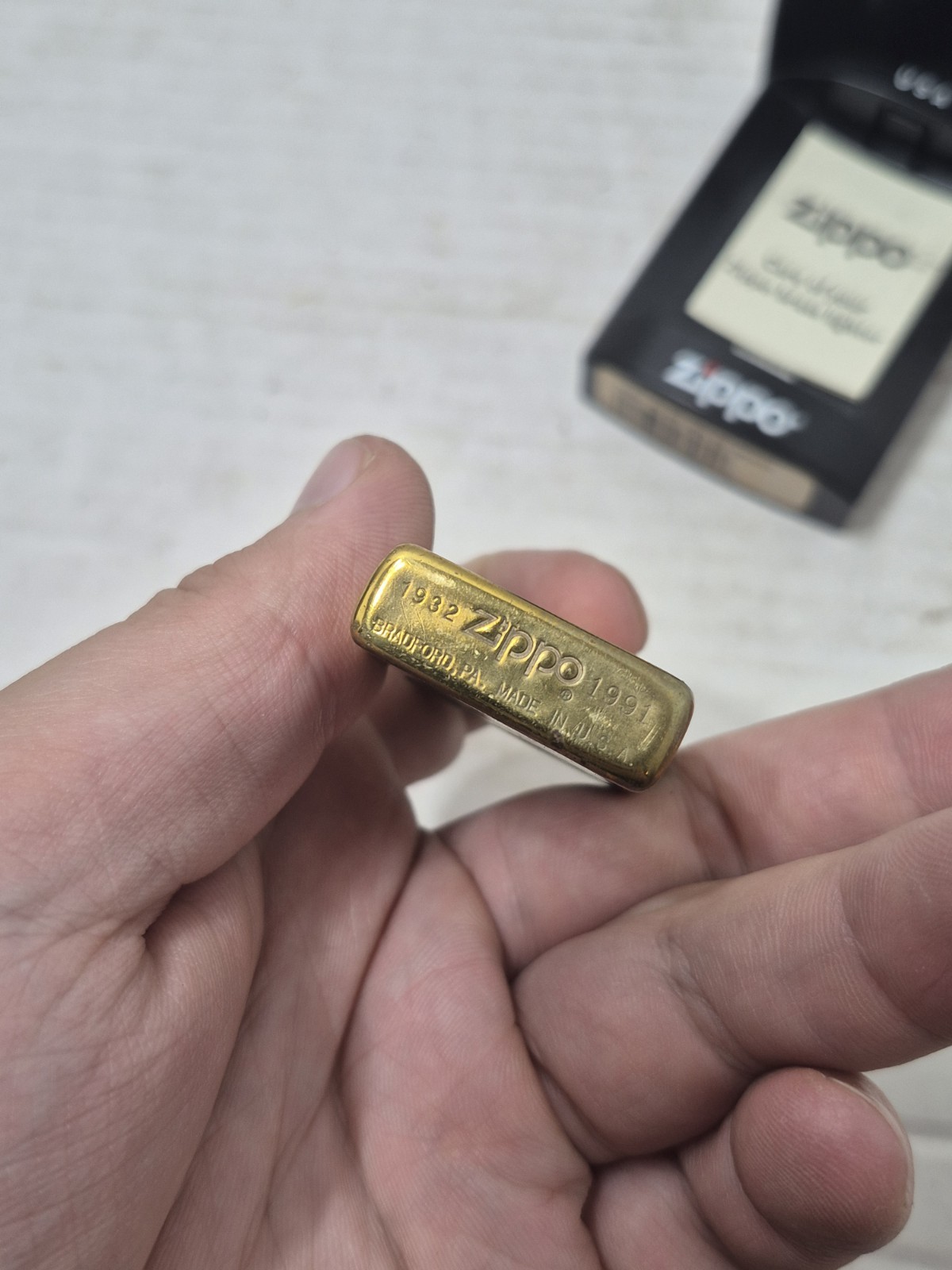 Vintage Zippo Slim Solid Brass Lighter 1932 -1991 w/Plastic Case Used USA SEE