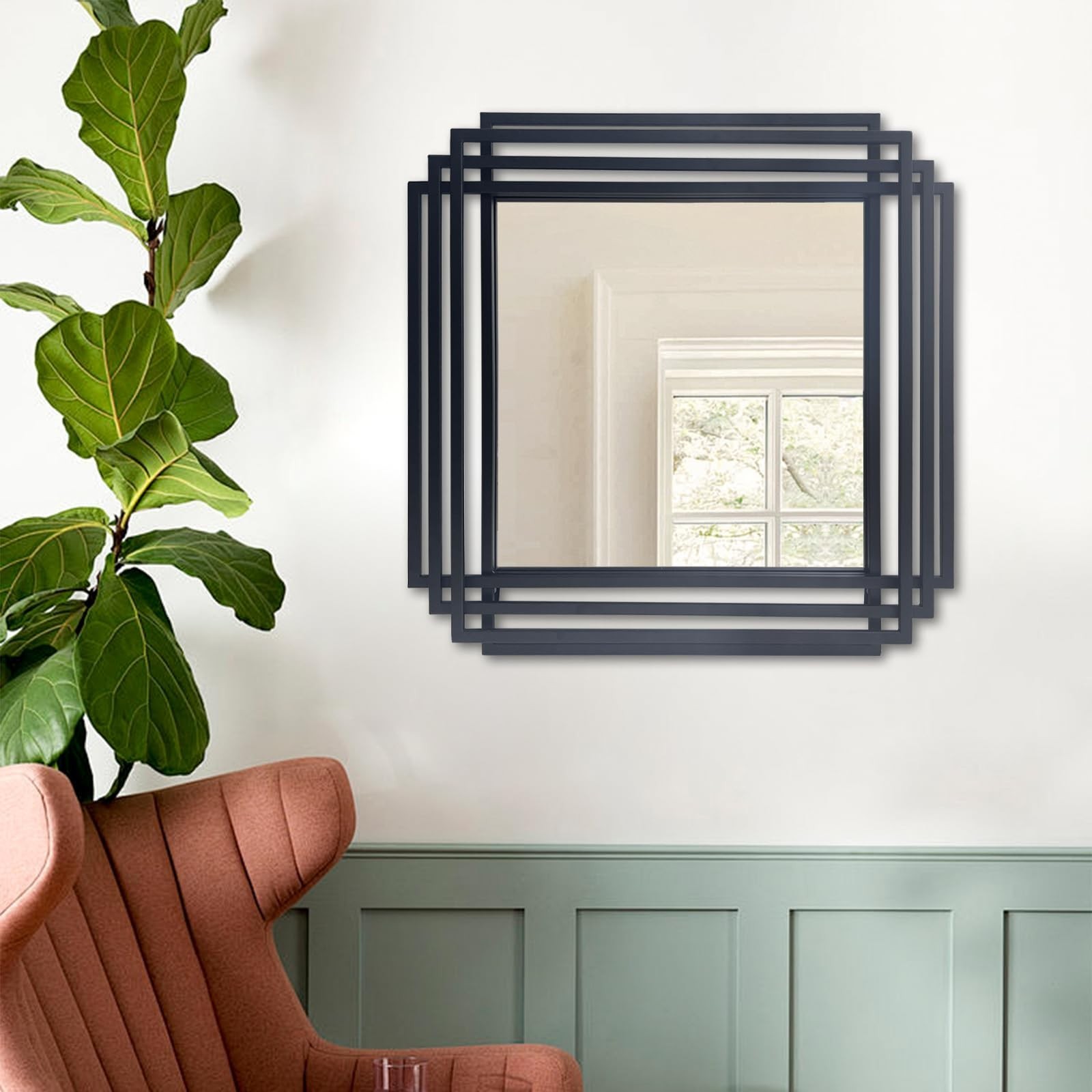 24″x24″ Square Decorative Wall Mirror with Black Metal Frame | Geometric Desi…