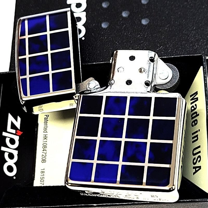 Zippo Check Pattern Silver Blue Marble Lacquer Finish Regular Lighter Japan