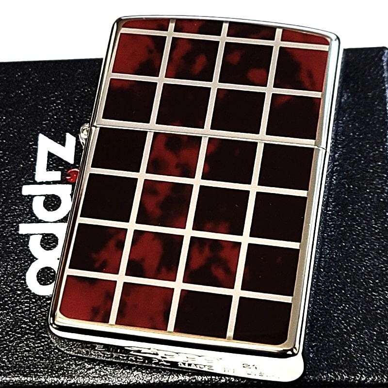 Zippo Check Pattern Silver Red Marble Lacquer Finish Regular Lighter Japan