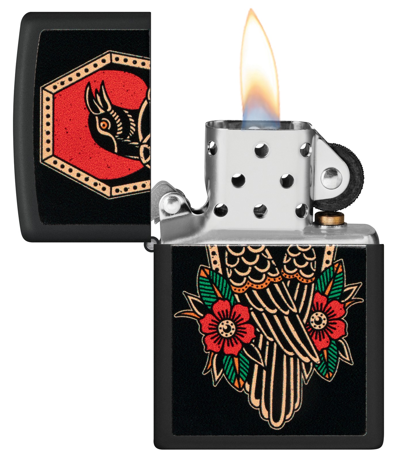 Zippo Crow Tattoo Design Black Matte Windproof Pocket Lighter, 48611