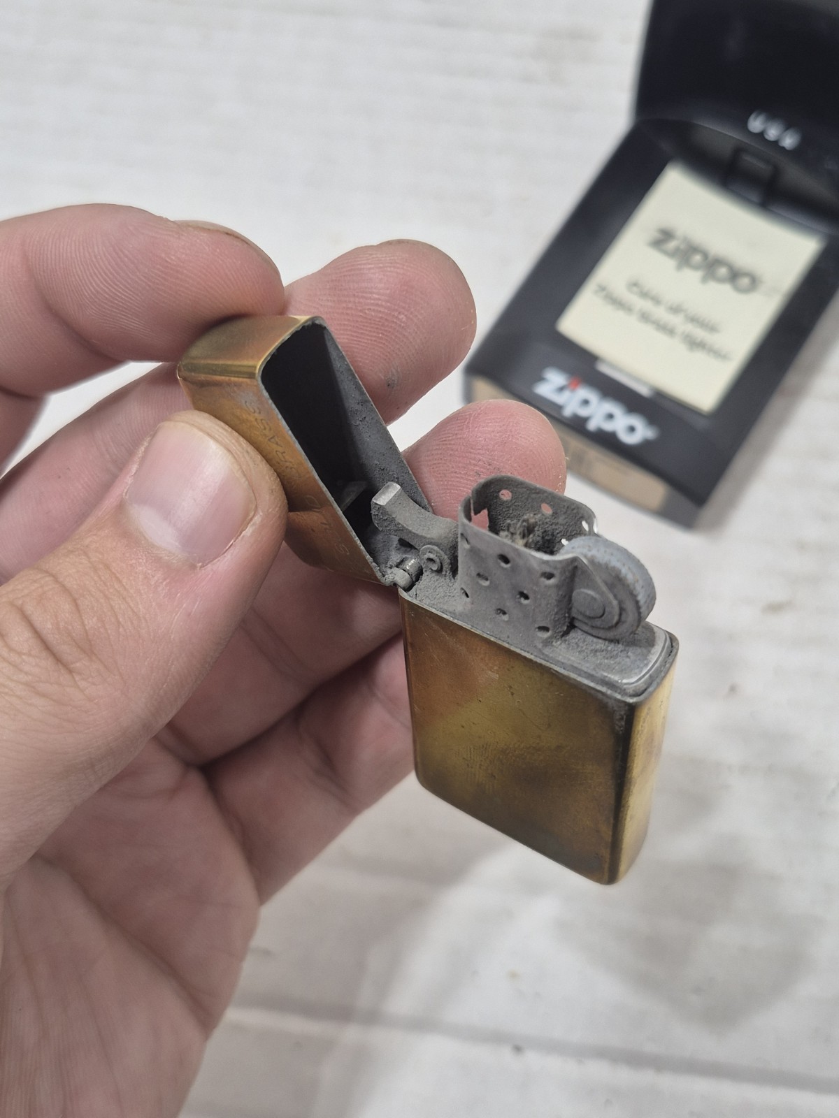Vintage Zippo Slim Solid Brass Lighter 1932 -1991 w/Plastic Case Used USA SEE